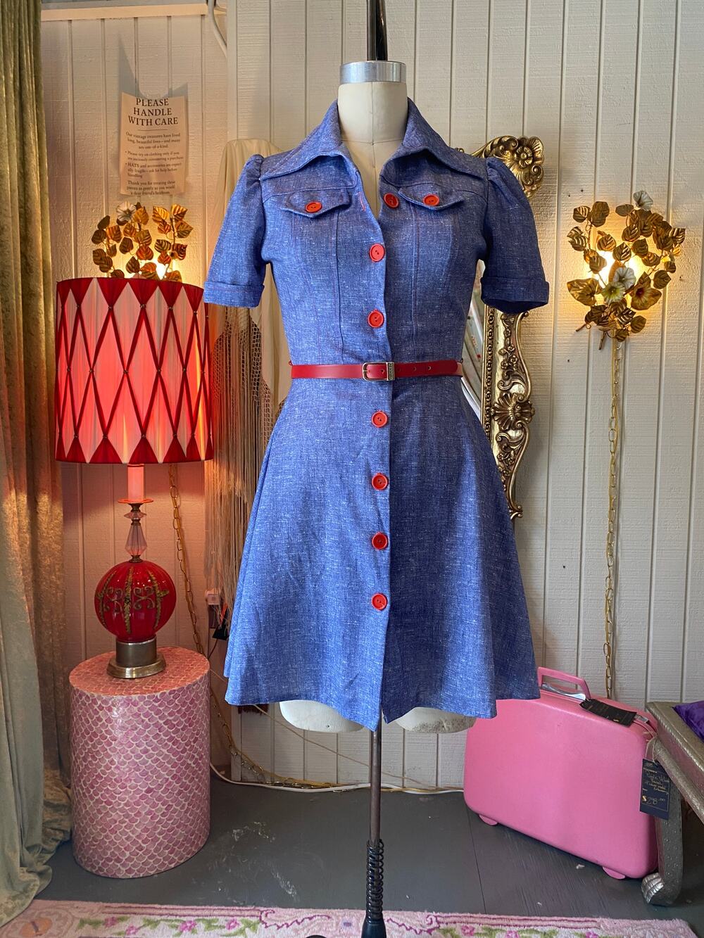 vintage 1970s denim look mini dress, puff sleeves, a line scooter, mod style, s